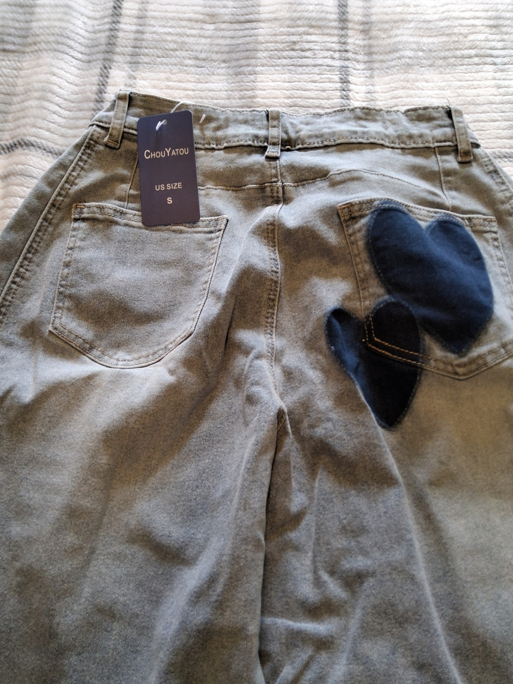 Blue Wide-Leg Jeans with Navy Heart Patches - Picture 3 of 3